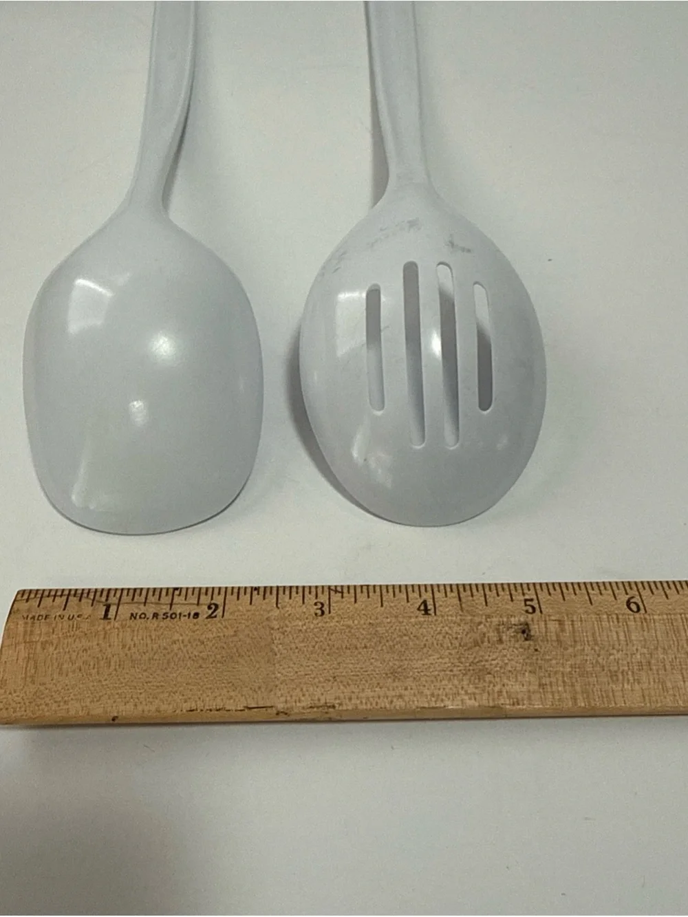 White melamine Slotted and Solid Serving Spoon lot of 2 VTG renowned. High temp